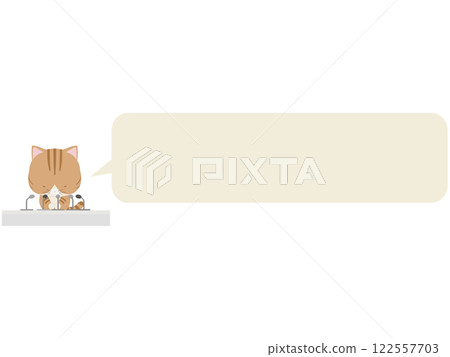 Brown tabby cat holding an apology press conference. With speech bubble Brown tabby cat holding an apology press conference. With speech bubble 122557703
