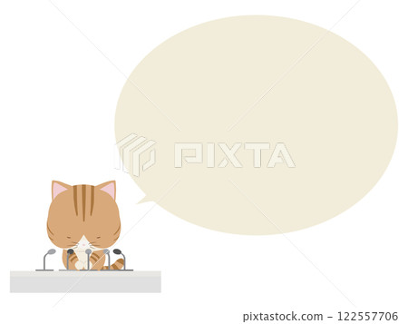 Brown tabby cat holding an apology press conference. With speech bubble 122557706