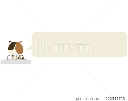 Calico cat holding an apology press conference. With speech bubble 122557713