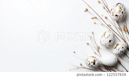 Easter Eggs with Neutral Background and Copy Space 122557839