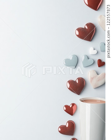 3D Hearts with White Mug on Vertical Background 122557873