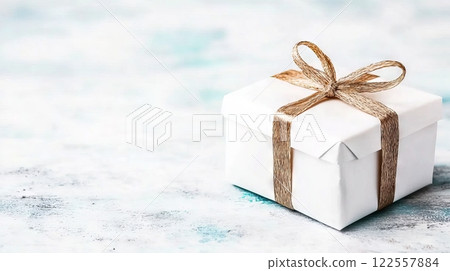 Elegant White Gift Box with Gold Ribbon on Soft Blue Background 122557884