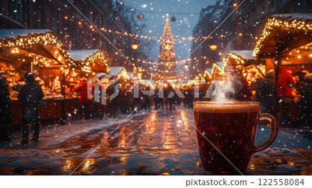A lively and bustling holiday. Holiday village market. In the foreground is a steaming cup of hot cocoa. 122558084