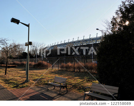 Ajinomoto Stadium as seen from the promenade at Musashino Forest Park in Tokyo 122558089