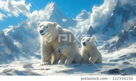 Snowy Polar Bear Family in a snowy Christmas landscape. Snowy Polar Bear Family in a snowy Christmas landscape. 122558150