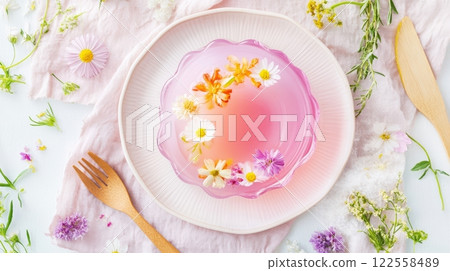 Multi-layered fruit jelly dessert with edible flowers on a textured dish in a soft pastel setting Multi-layered fruit jelly dessert with edible flowers on a textured dish in a soft pastel setting 122558489