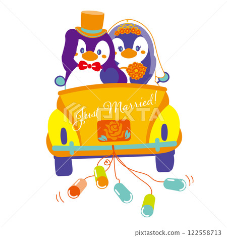 一對企鵝夫婦乘坐彩色婚禮車的婚禮插畫 122558713