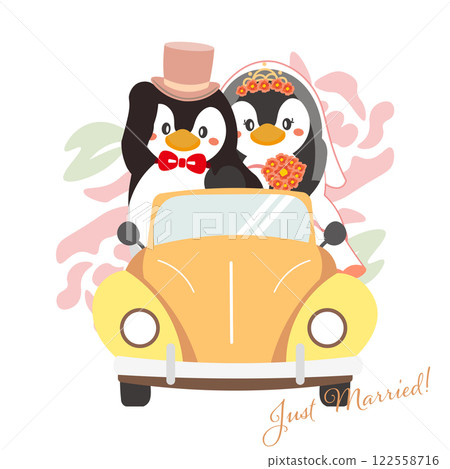 一對企鵝夫婦乘坐婚車的婚禮插畫 一對企鵝夫婦乘坐婚車的婚禮插畫 122558716