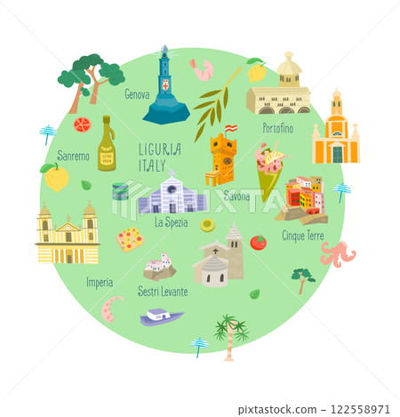 Set of historical buildings of Liguria, Italy. Sights and architecture of towns. Isolated illustration on white background.  122558971