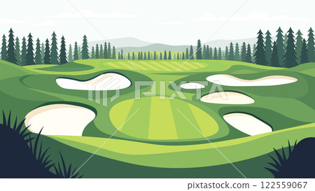 Beautiful Golf Sport Field Nature Landscape with Mountains View and Pine Trees in Bright Sky 122559067