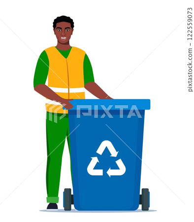 Garbage man in uniform with blue trash bin and recycling symbol on it. Garbage sorting. Zero waste, environment protection concept. African American man worker. Vector illustration. 122559073