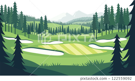 Beautiful Golf Sport Field Nature Landscape with Mountains View and Pine Trees in Bright Sky 122559092