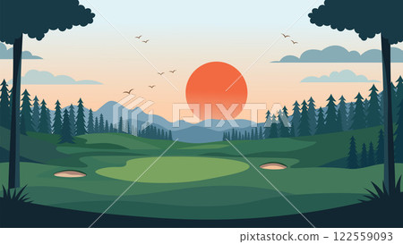Golf Sport Field Nature Landscape with Mountains View and Sun at Sunrise Sunset 122559093
