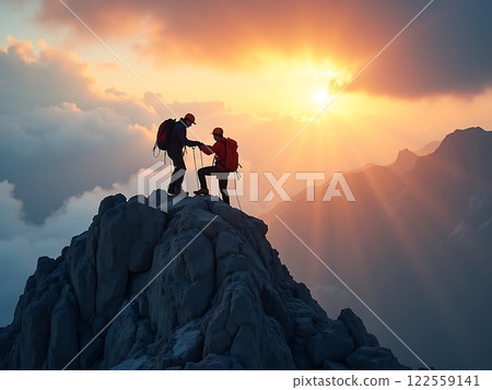 Climbers Supporting Each Other on a Mountain Climbers Supporting Each Other on a Mountain 122559141