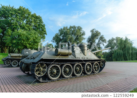 Belarus, Brest, August 2023: T-34-85 tanks in the Brest Fortress. 122559249