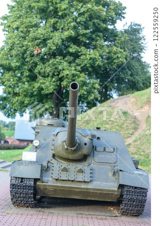 Belarus, Brest, August 2023: T-34-85 tanks in the Brest Fortress. Belarus, Brest, August 2023: T-34-85 tanks in the Brest Fortress. 122559250