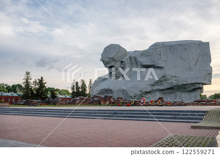 Belarus, Brest, August 2023: Memorial monument to the hero fortress.. Brest Fortress. Monument to the defenders of the fortress and the Eternal Flame Belarus, Brest, August 2023: Memorial monument to the hero fortress.. Brest Fortress. Monument to the defenders of the fortress and the Eternal Flame 122559271