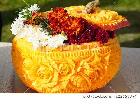 Dessert table on wedding with tasty cakes, cookies and sweets in pastel colors. Professional catering and servings. Festive atmosphere. 122559354