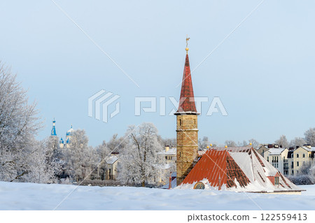 Gatchina Priory Castle in winter. Russia, Gatchina, January 2024. Gatchina Priory Castle in winter. Russia, Gatchina, January 2024. 122559413