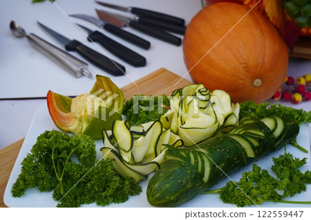 Dessert table on wedding with tasty cakes, cookies and sweets in pastel colors. Professional catering and servings. Festive atmosphere. 122559447