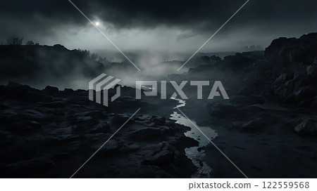 Dark and Eerie Landscape with Fog Dark and Eerie Landscape with Fog 122559568