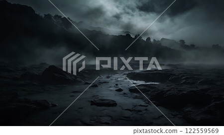 Dark and Eerie Landscape with Fog 122559569