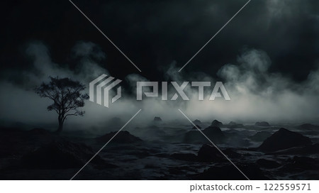 Dark and Eerie Landscape with Fog Dark and Eerie Landscape with Fog 122559571