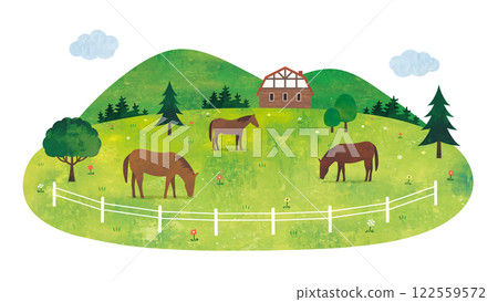 An illustration of a grassy pasture, mountains and horses An illustration of a grassy pasture, mountains and horses 122559572