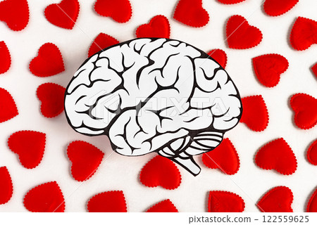 The human brain against the background of many red hearts. Health, love and medicine. The human brain against the background of many red hearts. Health, love and medicine. 122559625