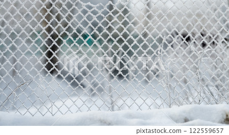 Frosty day in winter - snow on the fence. 122559657