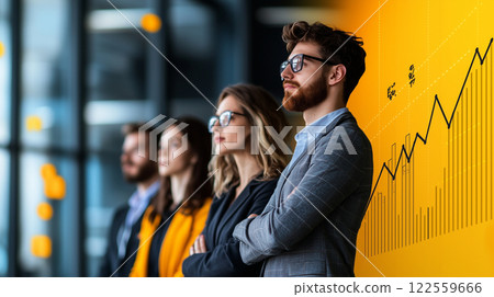 young man in suit stands confidently with colleagues in modern office, showcasing teamwork and professionalism. backdrop features vibrant graph, symbolizing growth and success young man in suit stands confidently with colleagues in modern office, showcasing teamwork and professionalism. backdrop features vibrant graph, symbolizing growth and success 122559666