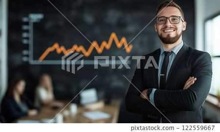 confident young man in suit stands in front of business meeting, showcasing positive attitude. background features graph indicating growth, symbolizing success and professionalism 122559667