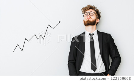 young man in suit stands confidently against wall, gazing upward with thoughtful expression. upward trend line beside him symbolizes growth and success, reflecting ambition and professionalism 122559668