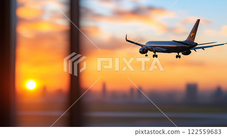 stunning sunset view at airport showcases airplane approaching for landing, silhouetted against vibrant sky. scene captures excitement of travel and adventure stunning sunset view at airport showcases airplane approaching for landing, silhouetted against vibrant sky. scene captures excitement of travel and adventure 122559683