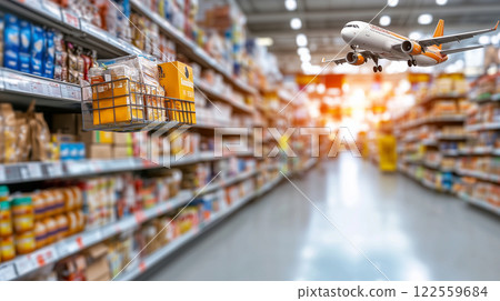vibrant airport scene featuring busy duty free shop with shelves stocked with various products. An airplane is flying overhead, adding excitement to bustling atmosphere vibrant airport scene featuring busy duty free shop with shelves stocked with various products. An airplane is flying overhead, adding excitement to bustling atmosphere 122559684