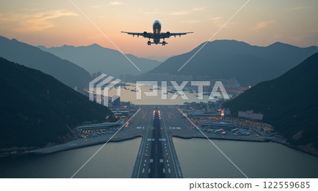 stunning view of airplane approaching runway at sunset, with mountains and bustling harbor in background. scene captures beauty of travel and excitement of flight stunning view of airplane approaching runway at sunset, with mountains and bustling harbor in background. scene captures beauty of travel and excitement of flight 122559685
