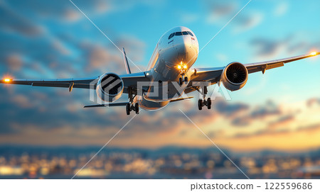 large commercial airplane is taking off against beautiful sunset sky, showcasing its powerful engines and sleek design. scene captures excitement of air travel and beauty of aviation large commercial airplane is taking off against beautiful sunset sky, showcasing its powerful engines and sleek design. scene captures excitement of air travel and beauty of aviation 122559686