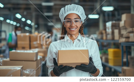 smiling woman in warehouse holds cardboard box, showcasing her role in logistics. She wears protective gear, including gloves and hairnet, reflecting safe working environment smiling woman in warehouse holds cardboard box, showcasing her role in logistics. She wears protective gear, including gloves and hairnet, reflecting safe working environment 122559700