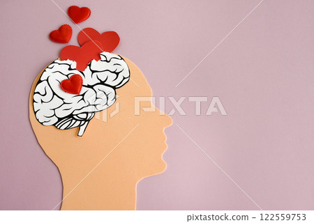 Symbol of a human head and a brain filled with hearts. Concept of a happy or loving person. Symbol of a human head and a brain filled with hearts. Concept of a happy or loving person. 122559753