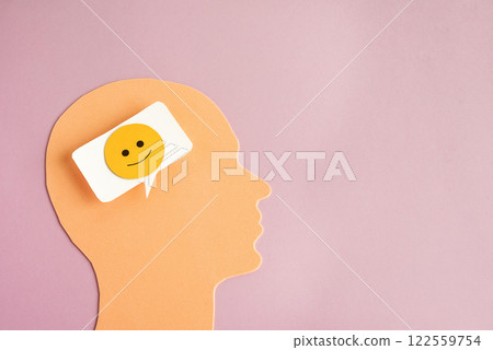 Head with happy thoughts. A symbol of a human head and a bubble with a positive face inside. Head with happy thoughts. A symbol of a human head and a bubble with a positive face inside. 122559754