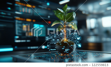 small plant with glowing roots is displayed in futuristic pot, surrounded by digital interfaces and technology. This image symbolizes fusion of nature and technology, showcasing innovation and 122559813