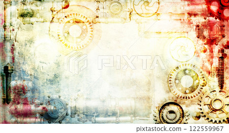 Horizontal banner with frame with vintage metal details, pipelines, gear, rivets on retro paper texture. Mock up template. Copy space for text. Can be used for steampunk, industrial, mechanical design 122559967