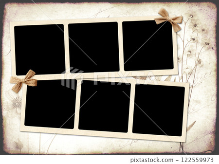 Nostalgic scrapbooking banner with moodboard pictures album grid for scrapbooking. Retro background with paper texture, dry pressed leaves, flowers and frame photos. Vintage style mood board layout 122559973