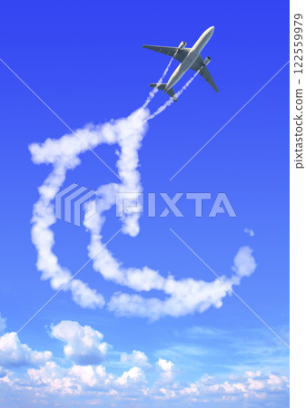 Vertical nature background with cloud in the form of arrow, aircraft and Jet trailing smoke in sky. Airplane and condensation trail. Foggy trail jet and plane in blue sky. Traveling the world concept 122559979