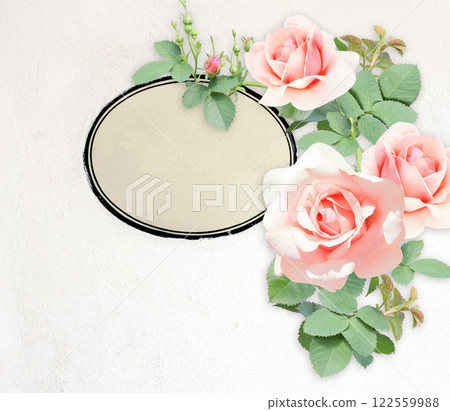 Retro ceramic sign on stucco wall and pink roses. Valentine's day banner with romantic and vintage touch. Mother's day background with climbing rose to express love, gratitude. Copy space for text 122559988