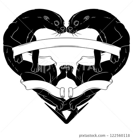 Couple of otters with ribbon forming a heart Couple of otters with ribbon forming a heart 122560118
