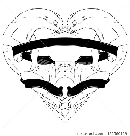 Couple of otters with ribbon forming a heart 122560119