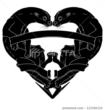 Couple of otters with ribbon forming a heart Couple of otters with ribbon forming a heart 122560120