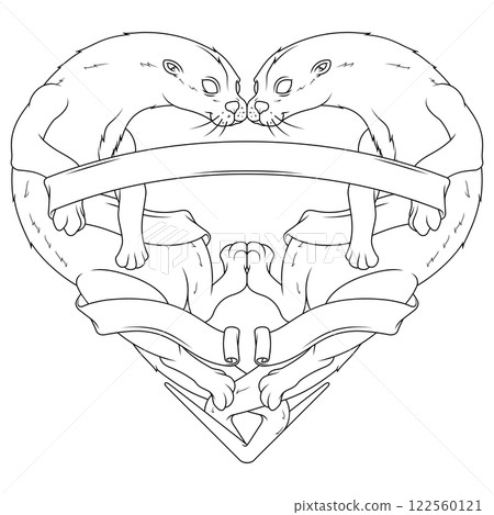 Couple of otters with ribbon forming a heart Couple of otters with ribbon forming a heart 122560121