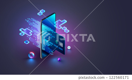 Virtual banking card. Isometric mobile phone, internet banking app, card. Online payment security transaction via credit card. Shopping wireless pay smartphone. Internet digital bank technology. Virtual banking card. Isometric mobile phone, internet banking app, card. Online payment security transaction via credit card. Shopping wireless pay smartphone. Internet digital bank technology. 122560171